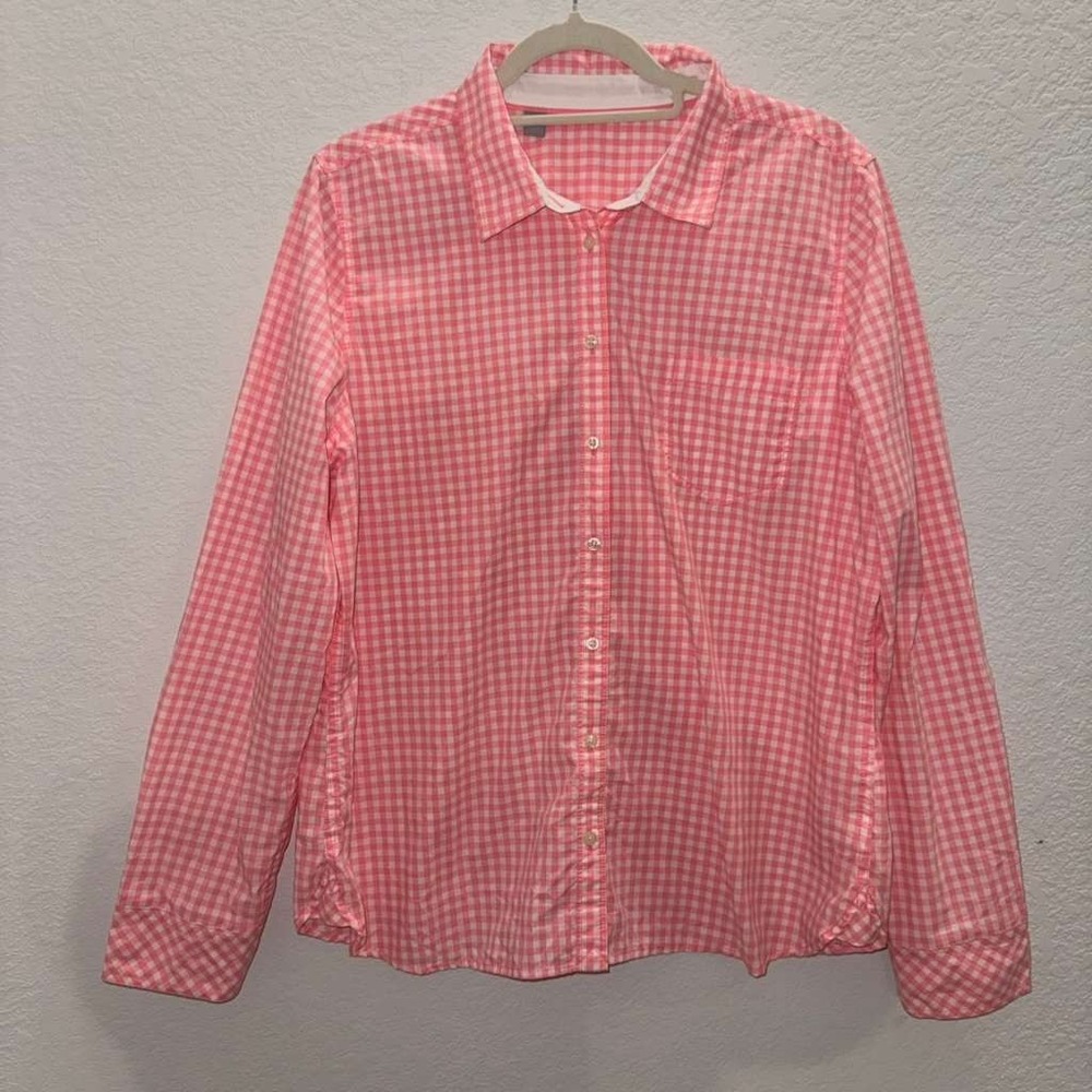 Women's Sz XL Button‎ Up Long-sleeve Shirt Gingham Plaid Baby Pink Preppy Barbie